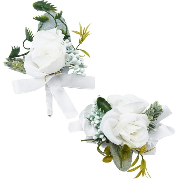 1set 2pcs Flower Wrist Corsage Wedding Flowers Accessories Artificial White Rose Silk Elastic Wristband Boutonniere Buttonholes Groom and Bride
