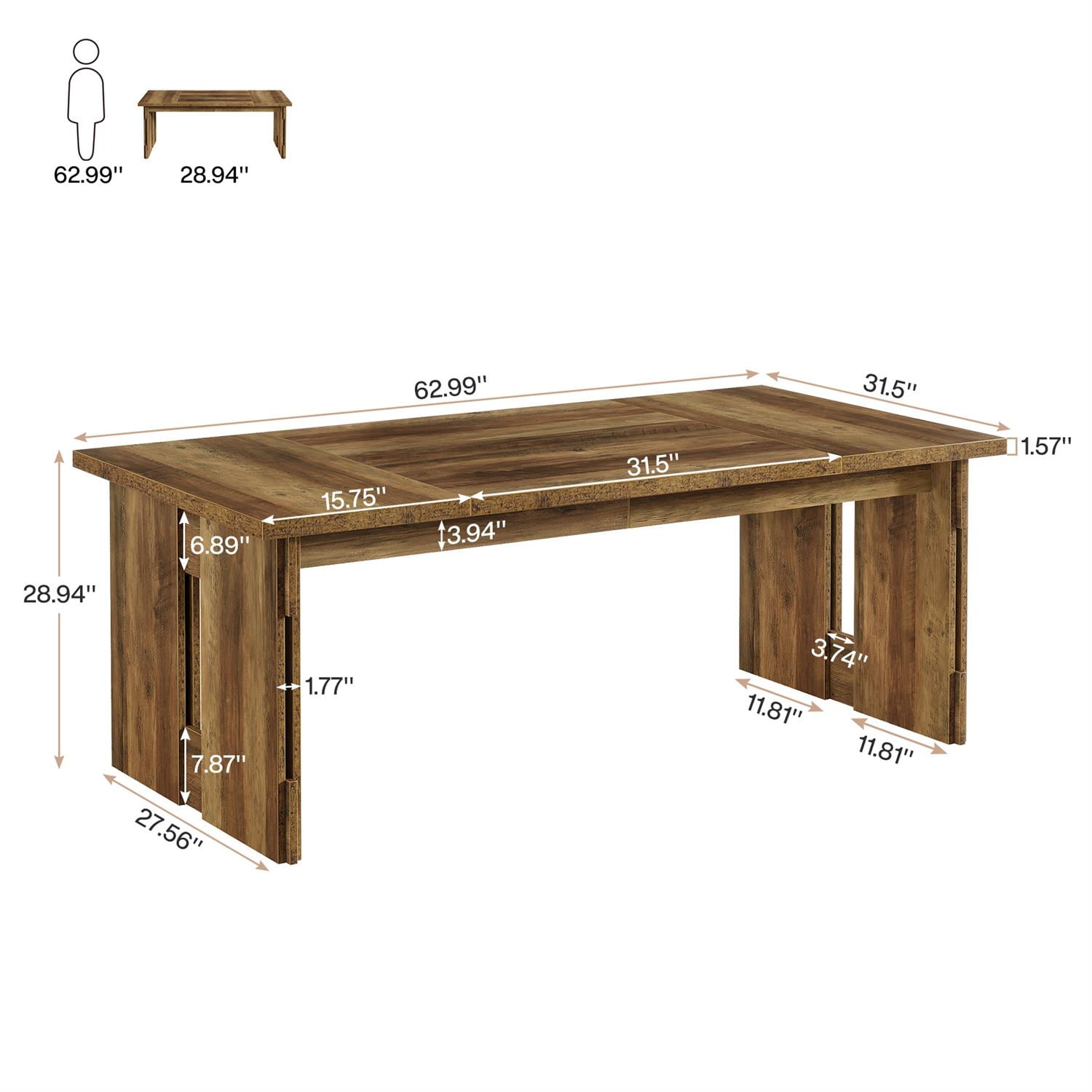 Demi Bonn 62" Rustic Wooden Dining Table for Home & Family Gatherings, Sturdy & Spacious, Extendable Size, Brown