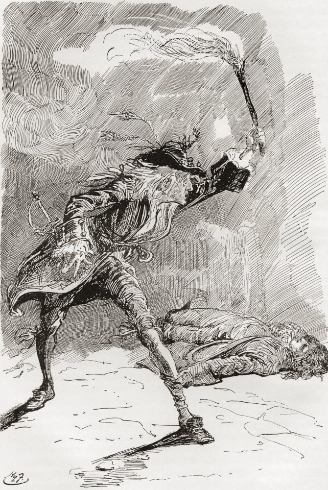 Barnaby finds Edward The figure of a man extended in an apparently lifeless state upon the pathway and hovering round him another person with a torch in his hand which he waved in the air with a wild