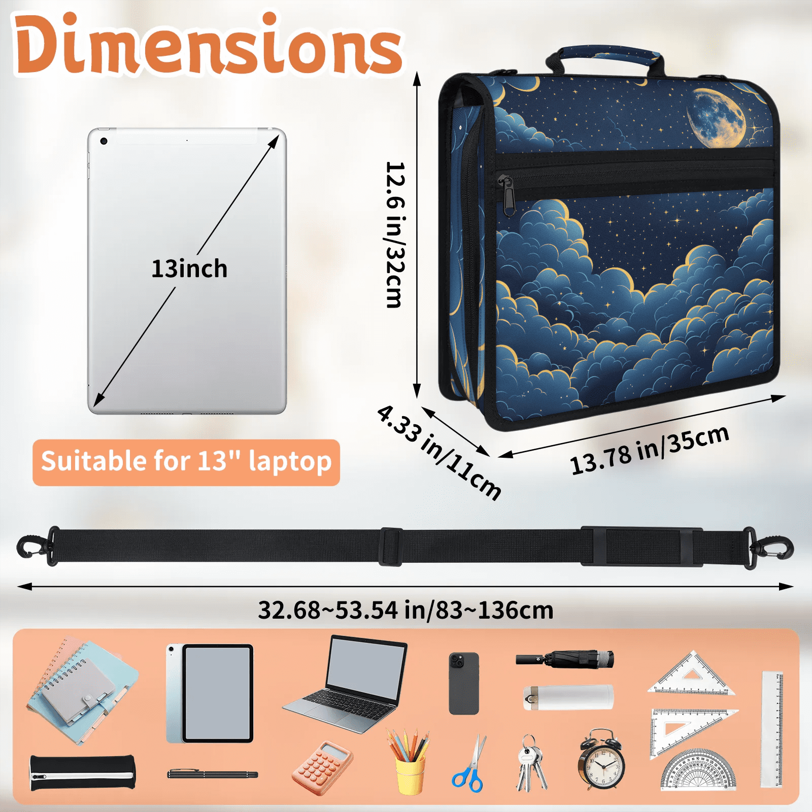 Herdesigns Space Galaxy Zipper Binder 1.5 Inch 3 D-Rings with Shoulder Strap & Handle, Waterproof Moon Star Binder Organizer Bag for 13 Inch Laptop
