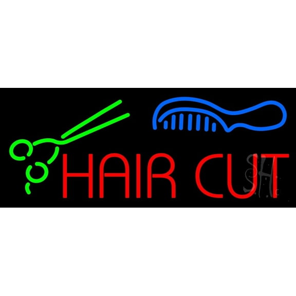 Hair Cut With Scissor And Comb LED Neon Sign 10 x 24 - inches, Black Square Cut Acrylic Backing, with Dimmer - Bright and Premium built indoor LED Neon Sign for Defence Force.