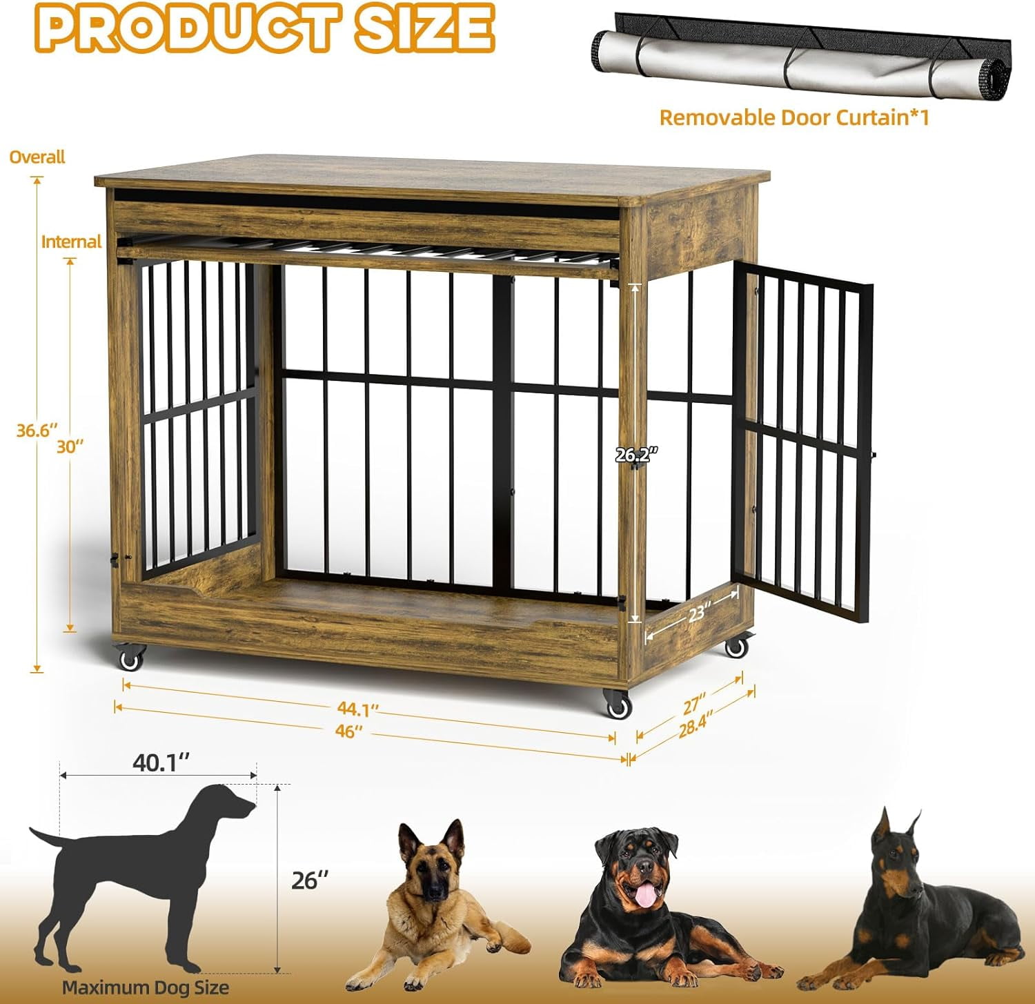 46" Large Dog Crate Furniture, Double Door Wooden Indoor Dog Kennel End Table with Wheels, Decorative Pet Cage for Extra Large Breeds, Rustic Brown