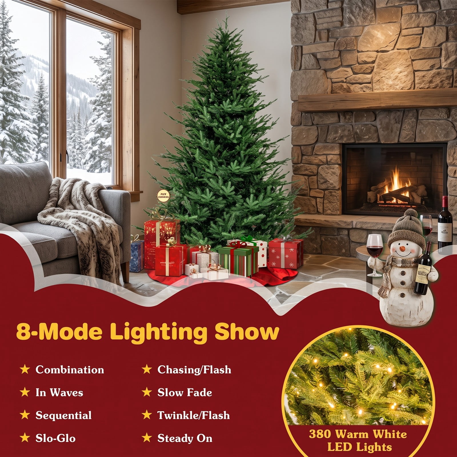 RUIE 7 ft Pre-Lit Artificial Christmas Tree with 380 Warm White LED Lights, 8 Lighting Modes, 1130 Branch Tips, PE PVC Hinged Full Spruce Xmas Tree with Metal, Green
