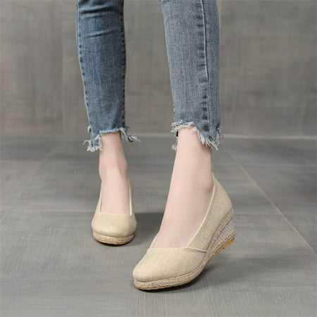 

Josdec Womens Shoes Clearance Summer Shallow Wedge Heels Pointed Straw Woven Linen Shoes