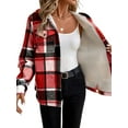 thumbnail image 3 of Womens Plaid Shacket Jacket Long Sleeve Fleece Hooded Jackets Fall Winter Warm Coat Red XL, 3 of 7