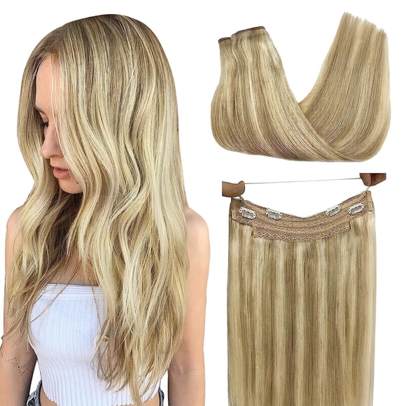 GOO GOO Wire Hair Extensions Human Hair, 16/22 Light Blondewith mix Golden Blonde Highlighted 14inch 75g, Invisible Wire Hair Extensions with Transparent, Seamless Fish Line Hairpiece