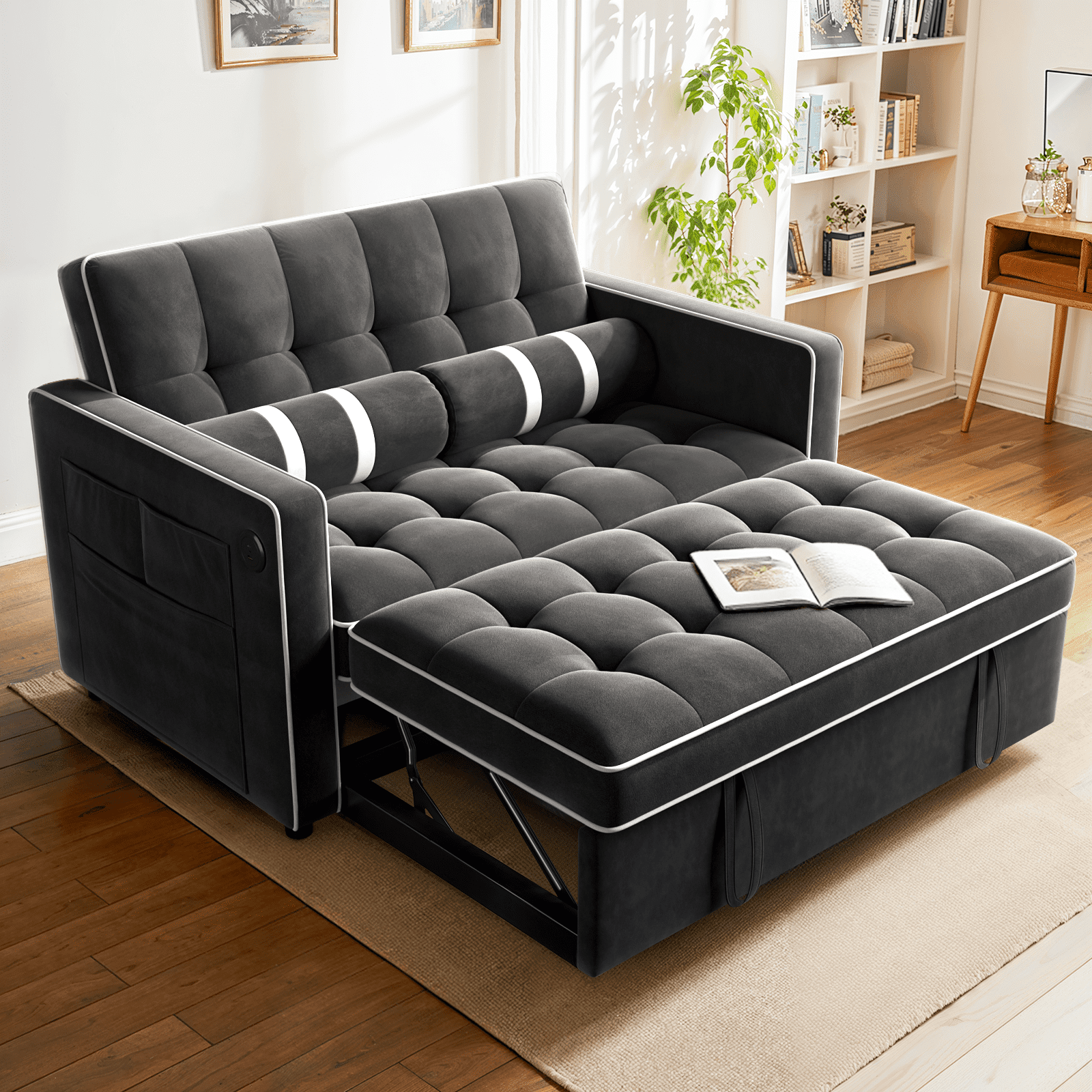 CHITOOMA 3 in 1 Pull Out Sofa Bed with Adjustable Backrest, 70" Convertible Loveseat Sleeper Couch with Charging Port, Side Pockets & Cylinder Pillows for Living Room Apartment, Black