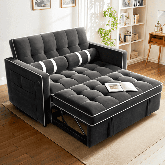 CHITOOMA 3 in 1 Pull Out Sofa Bed with Adjustable Backrest, 70" Convertible Loveseat Sleeper Couch with Charging Port, Side Pockets & Cylinder Pillows for Living Room Apartment, Black