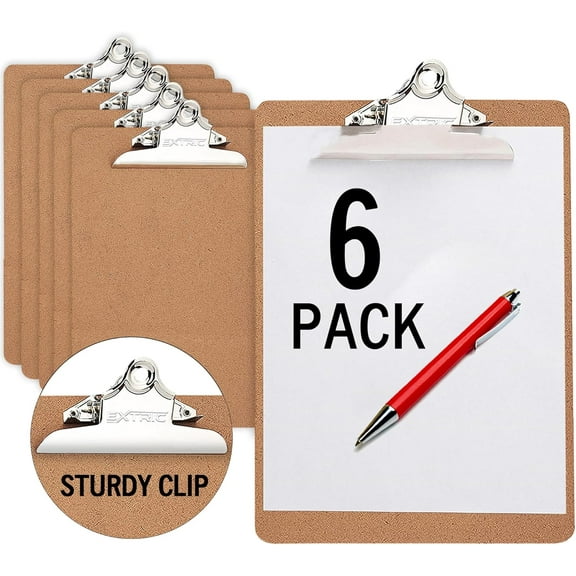 6 Clipboards Standard A4 Letter Size, 9x12.5 inch Wooden Clipboard with 6" Metal Clip, Hardboard, Ideal for 8.5 x 11 Inch Paper, for Office, School, and Home Use