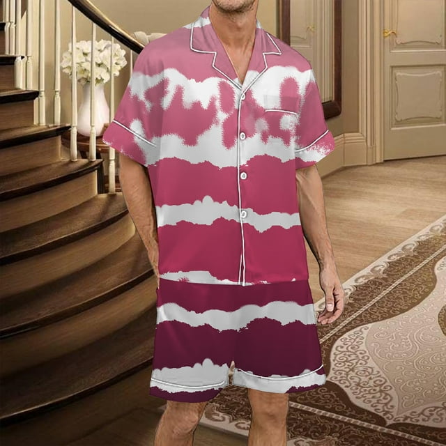 Men's Gradient Multicolored Printed Silk Satin Short Sleeved Button Up Pajamas Set for Comfortable Sleep and Relaxation