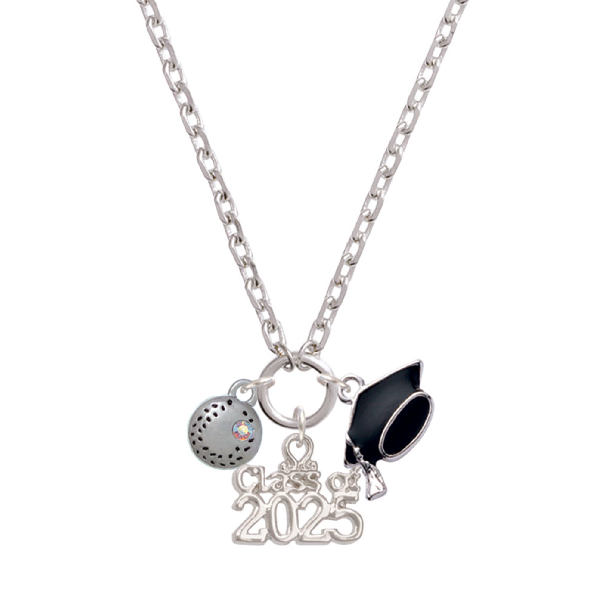 Delight Jewelry Silver-tone Mini Softball/Baseball with AB Crystal - Silver-tone Class of 2025 Graduation Zoey Necklace, 28"
