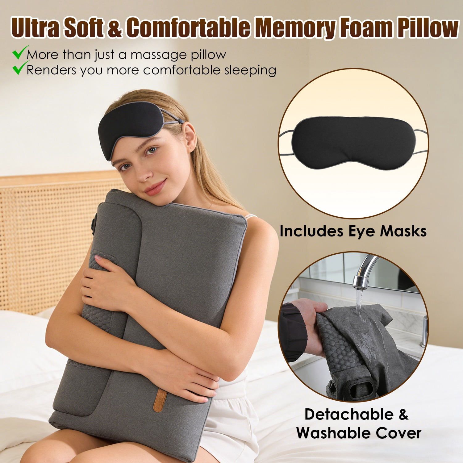 22In Heated Neck Massager Pillow 3Heat Settings 3Vibration Modes Memory Foam Support USB Plug In Auto Shut Off Eye Mask Home Office Travel Portable Dark Grey Soft Use Contoured Ergonomic Lightweight
