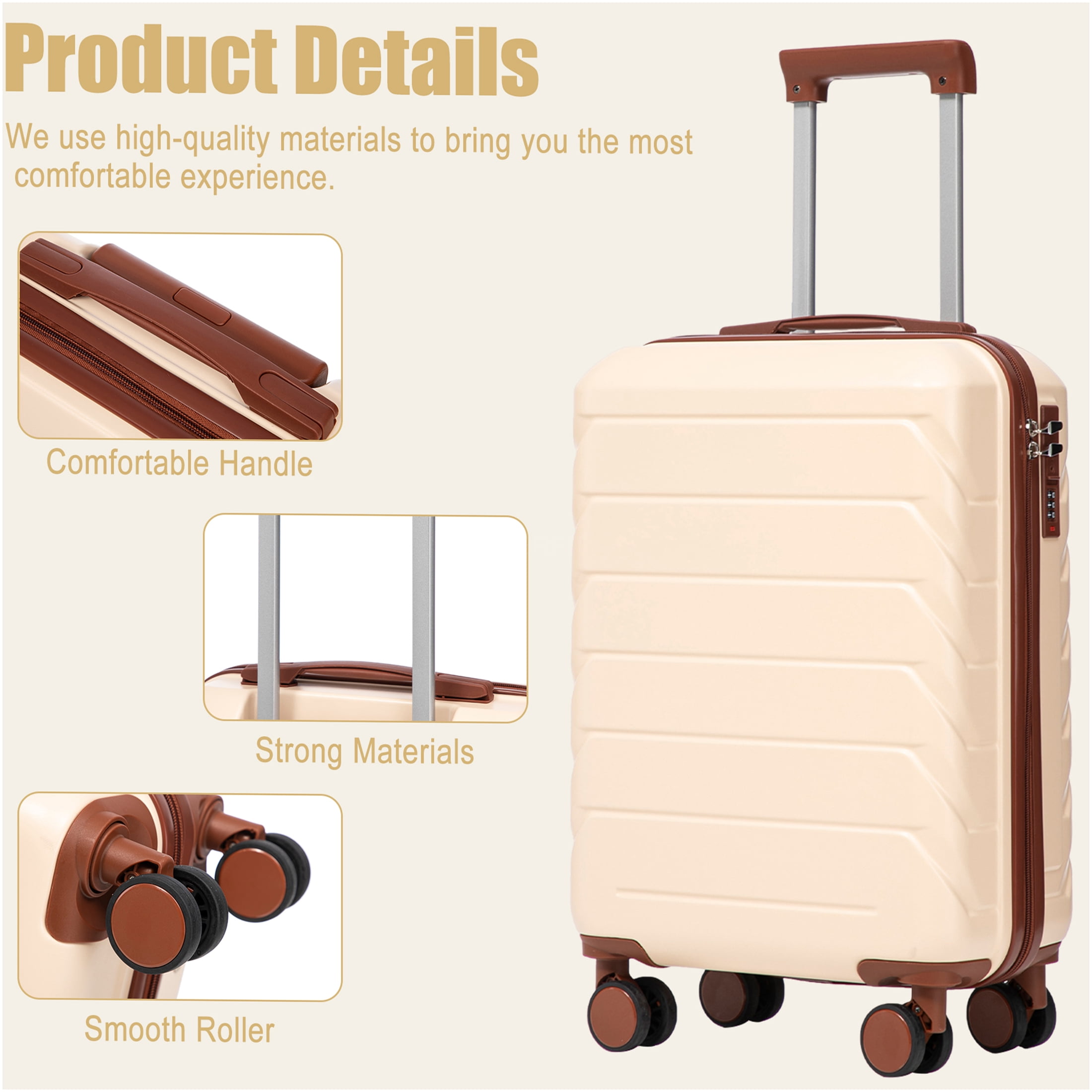 JERFIT Beige 20 Inch Carry On Luggage, Hardshell Spinner Suitcase with TSA Lock, 360° Silent Wheels & Retractable Handle for Air Travel