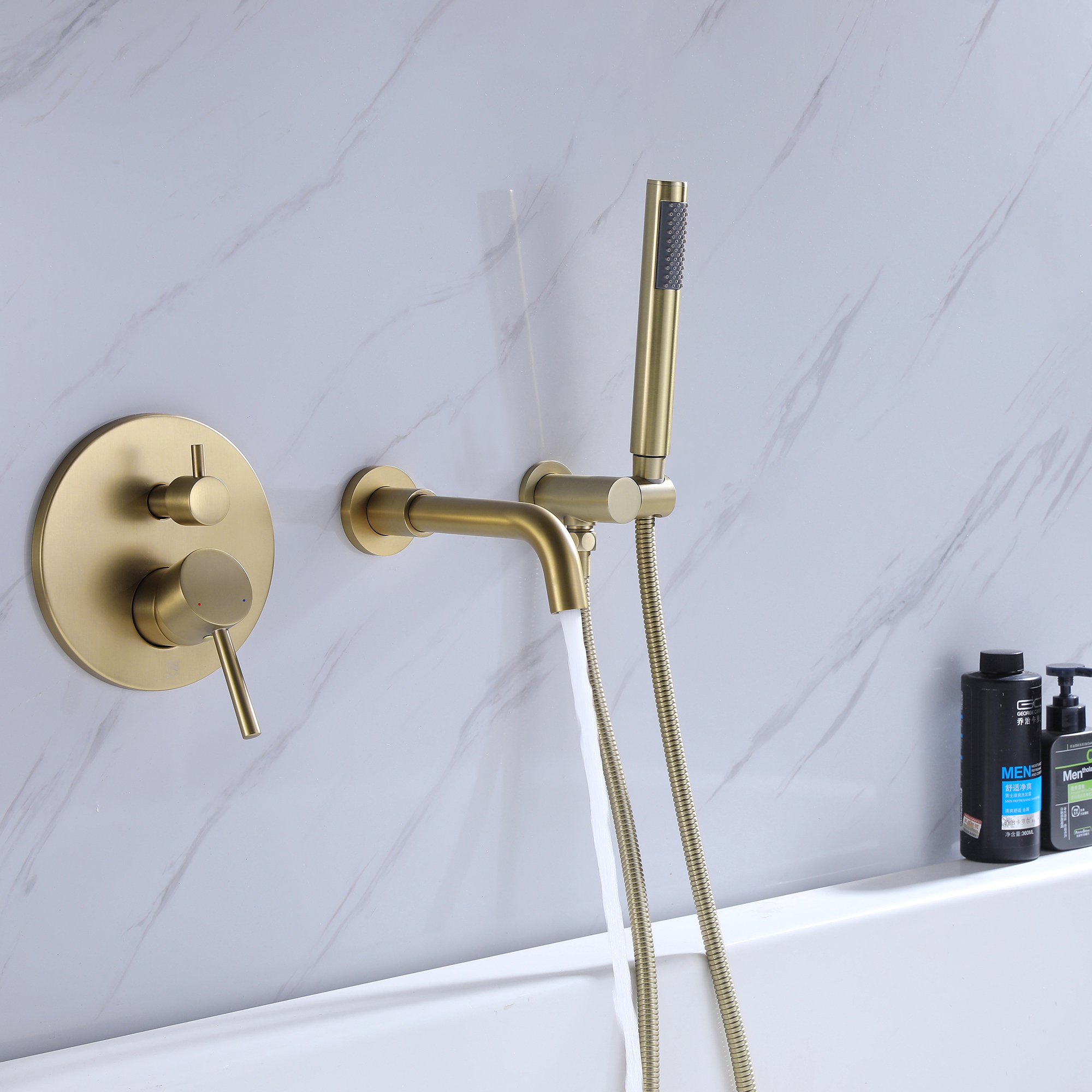 Dual Handles Wall Mounted Bathroom Tub Filler with Hand Shower, Solid Brass Matte Black Waterfall Bathtub Faucet