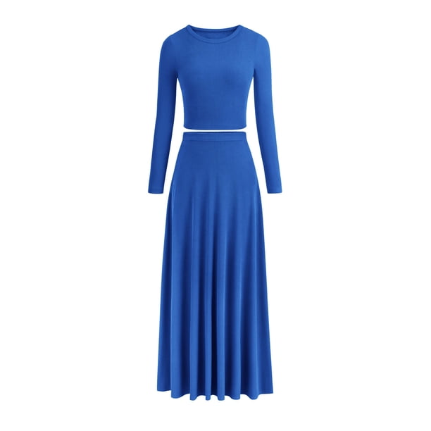Conjunto de 2 Piezas PRETTYGARDEN Vestido Azul de Punto Acanalado XS