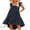 thumbnail image 3 of Women Summer Ruffled Sleeve Dress  Contrast Color/Solid Color Square Neck Irregular Hem Dress for Beach  Date, 3 of 6
