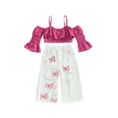

Suanret Toddler Kids Girls 2PCS Pants Sets Short Sleeve Off Shoulder Tops Butterfly Print Pants Sets Summer Clothes White 3-4 Years