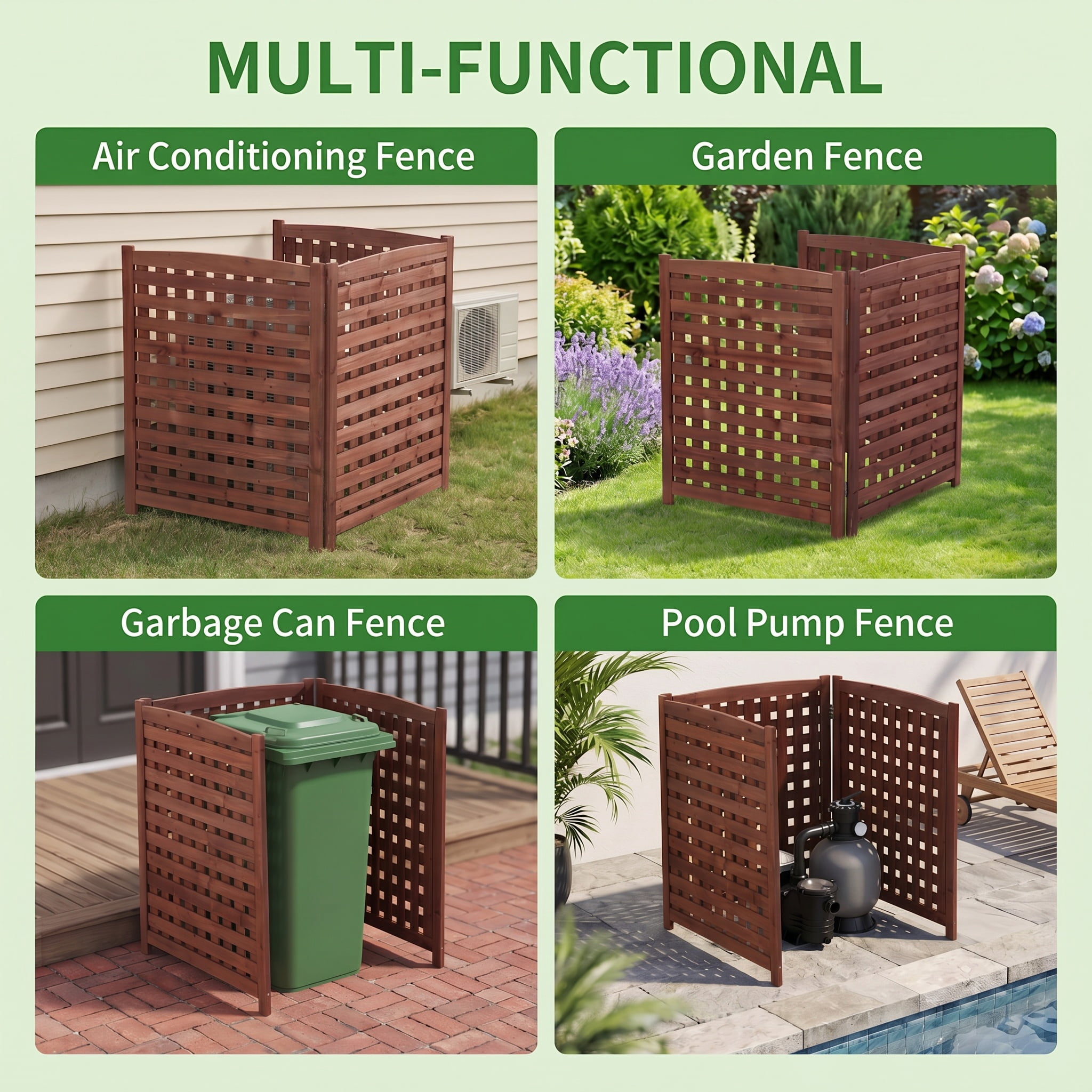 Outdoor Wood Privacy Fence 3-Panel 32W x 38H, Solid Wood Air Conditioner Screen with Slat Spacing for AC Unit Trash Can Pool Pump Enclosure, Brown