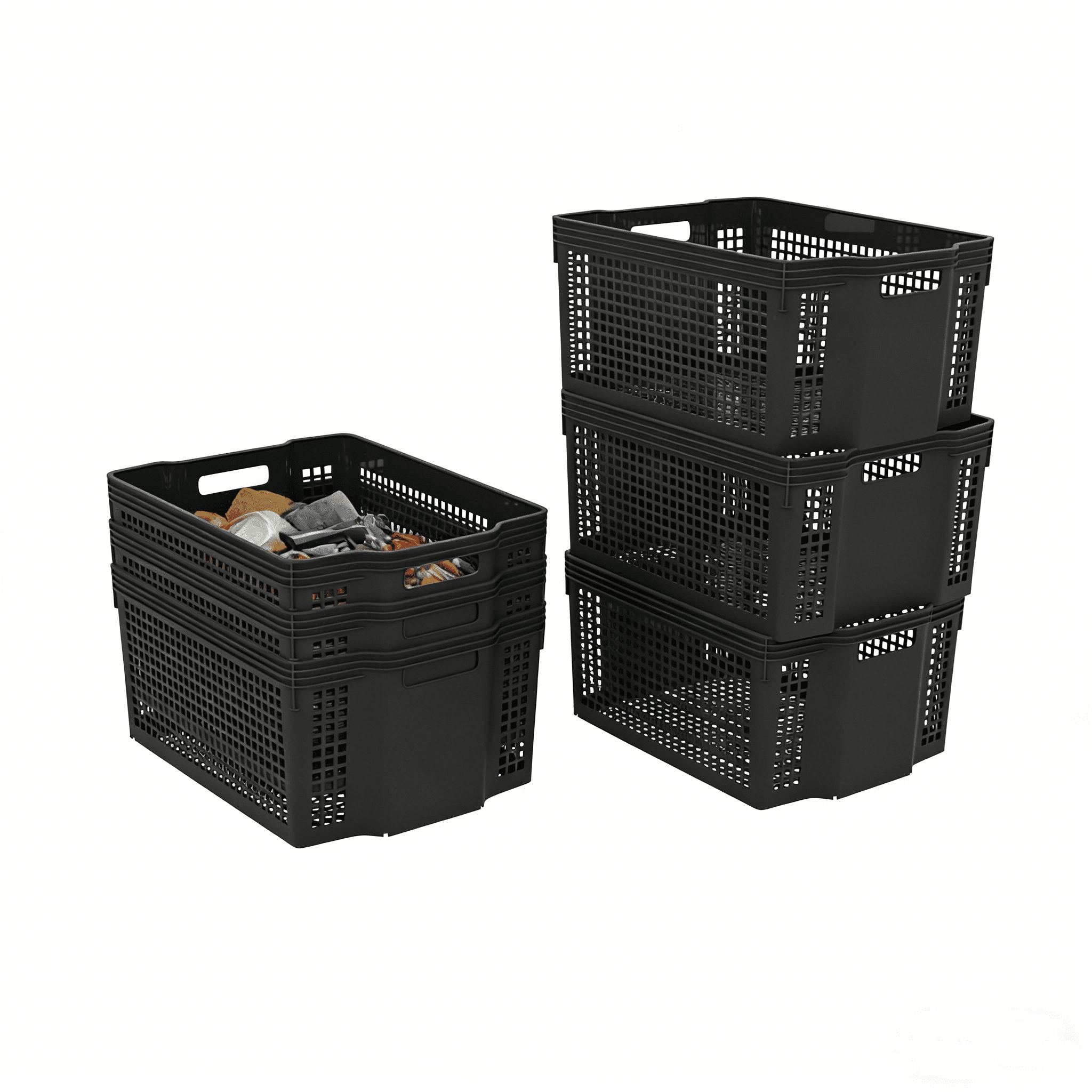 Buyitt 6-Pack Large Plastic Deep Stacking Baskets, Black Storage Baskets, Multi-Purpose, Ideal for Closets, Cabinets, Shelves, Countertops