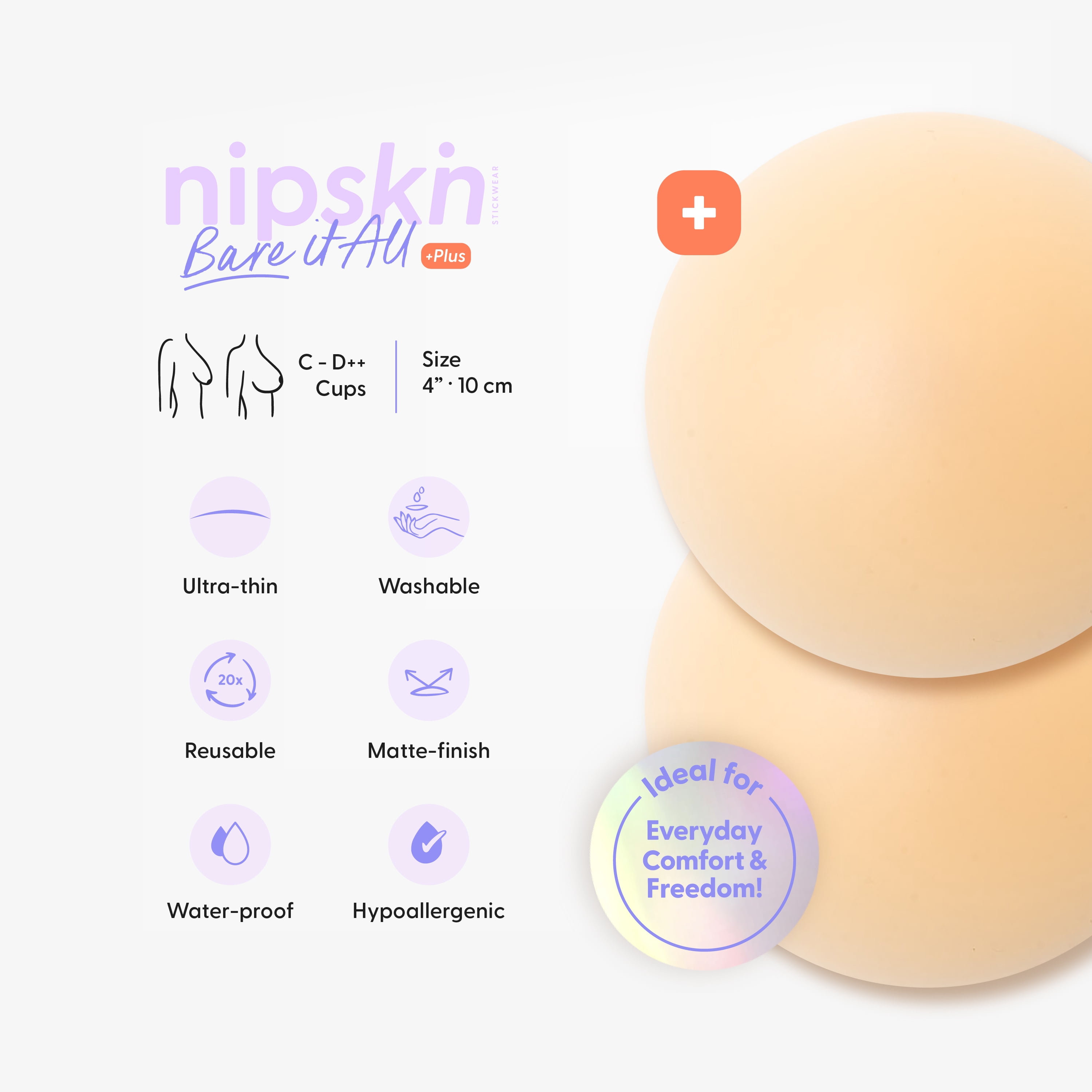 Nipskin- Bare It All - Round Silicone Nipple Covers, Ultra-thin, adhesive and reusable - Vanilla - Cups C-D Plus