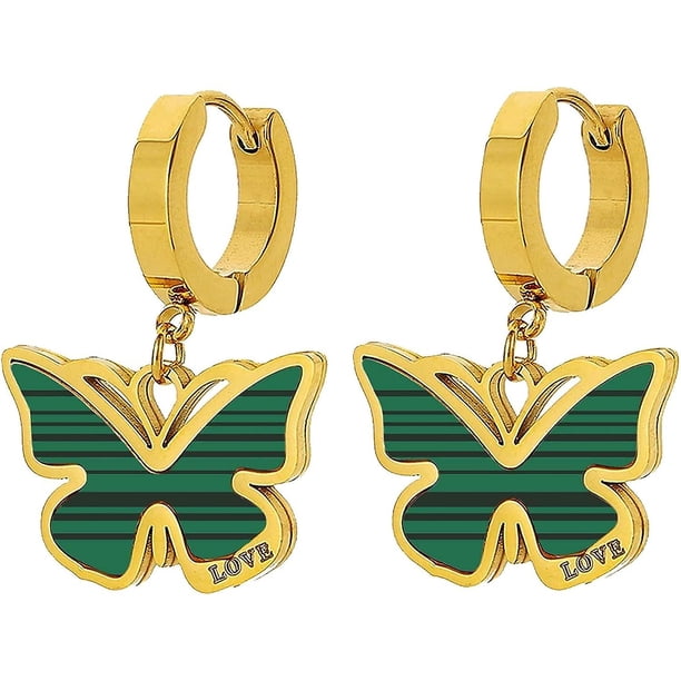 Aretes para mujer Aretes pequeños y lindos cuadrados y de mariposa (mariposa, dorado+verde)