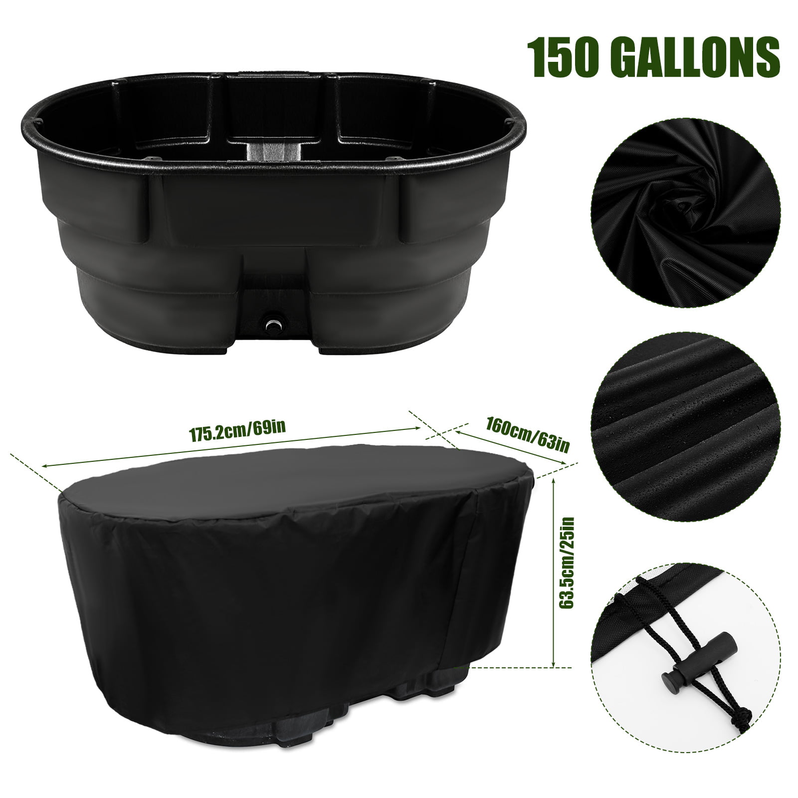 Daruoand Stock Tank Cover 100/150 Gallon Waterproof 420D Oxford Cloth Tank  Cover with Elastic Drawstring Heavy-Duty Oval Water Tank Protector  Windproof Ice Bath Cover for Outdoor Pool Ice Bathtub 
