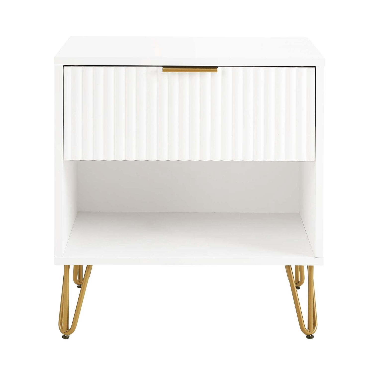 Nightstand, Modern Glam Bedside Table with 1 Drawer, Vertical Ribbed Texture, Gold Handle and Splayed Metal Legs, Storage End Table for Bedroom Living Room, White