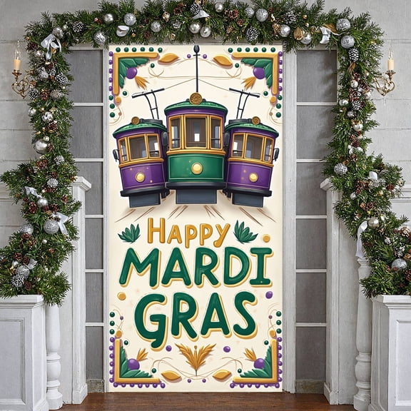Tram Pattern Mardi Gras Banner Purple Green Gold Happy Mardi Gras Display Festive Colorful Design Carnival Backdrop for Mardi Gras Party Carnival Celebration New Orleans Event