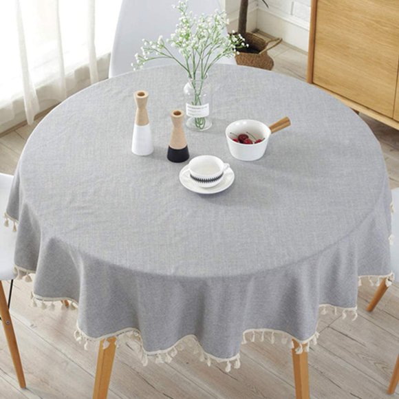 Simple Nordic Style Tablecloth, Round Tablecloths for Circular Table Cover, Dust-Proof Cotton Linen Table Cover for Buffet Table, Parties, Holiday Dinner (Light Grey with Tassel)