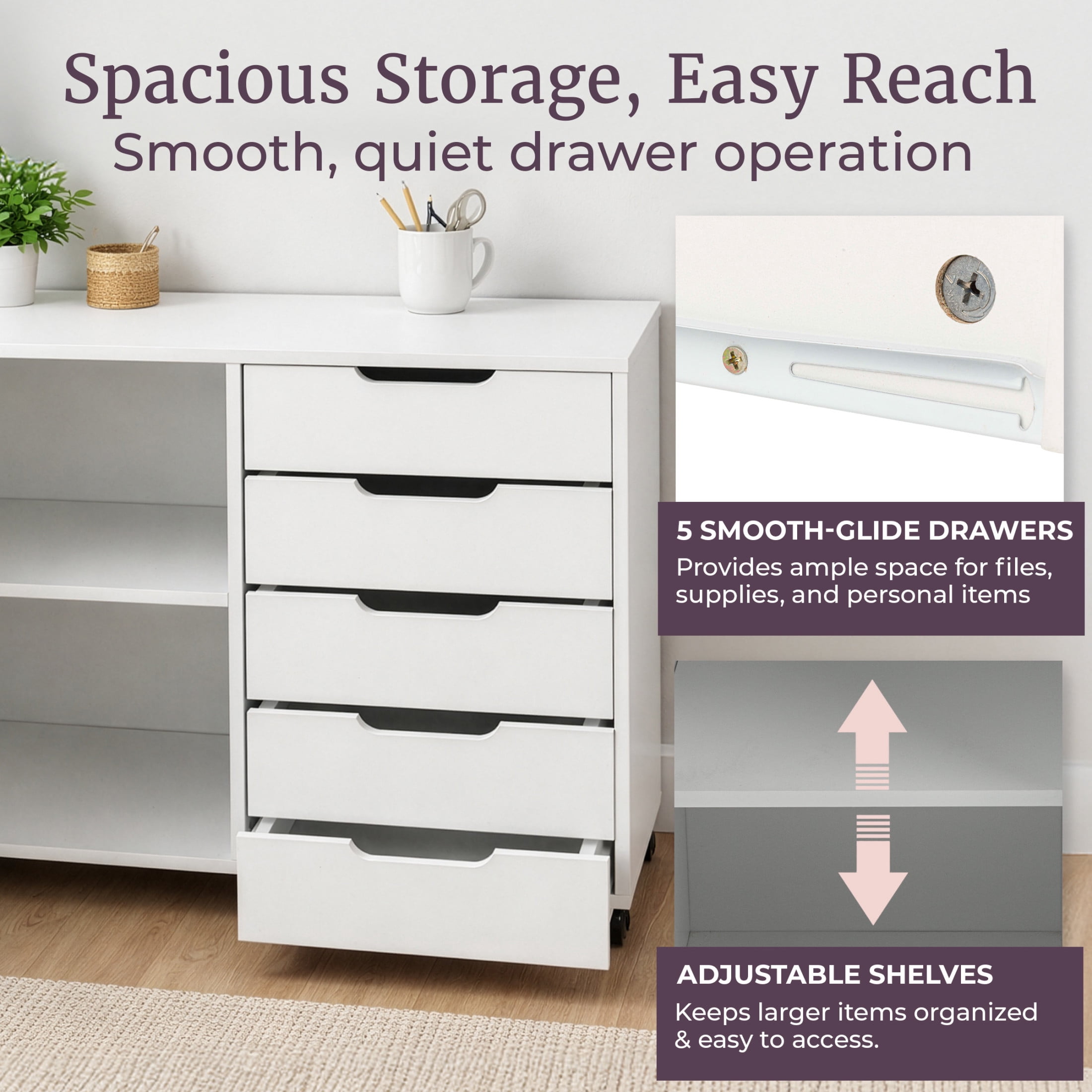 Lavish Home 5 Drawer Office Storage Cabinet with Door and Adjustable Shelf (White)