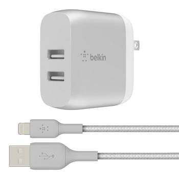 Belkin 24W Dual Port USB Wall Charger - Braided Lightning Cable Included - iPhone Charger Fast Charging - USB Charger Block for Power Bank, iPhone 14, 13, 12 and 11, Samsung & more, Silver
