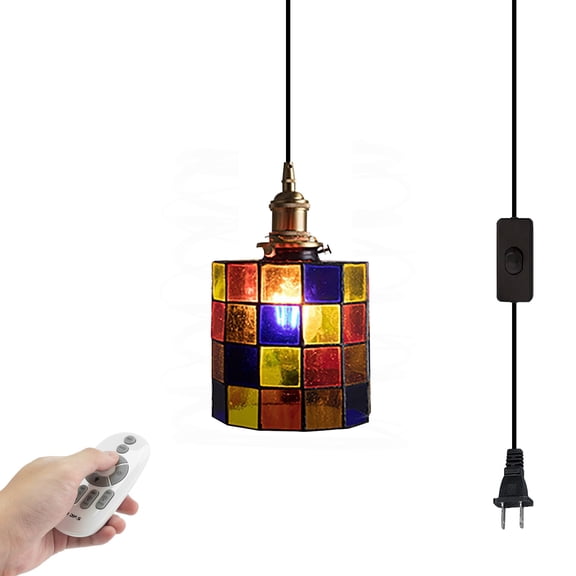 Kiven Plug in Pendant Light, Farmhouse Hanging Light Fixture with Remote and Glass Lampshade, E26 Socket Dimmable Pendant Light for Bedroom Hallway Kitchen, TB3237-J
