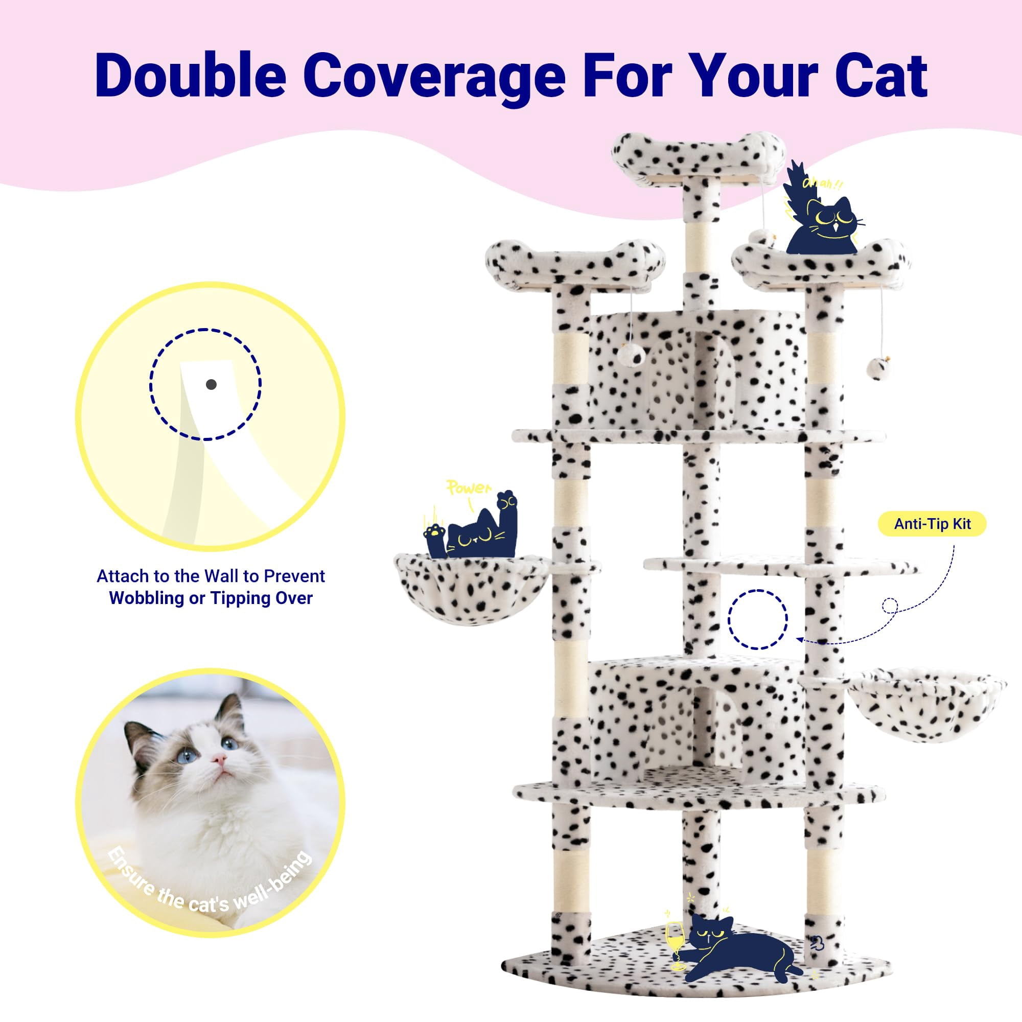 73in Fan-shaped Space-saving Corner Cat Tower/multi-level Tall Tree For Indoor Kitties/cozy Baskets/condos/house/perches/sisal Posts/pet Activity Center/white & Black Spot