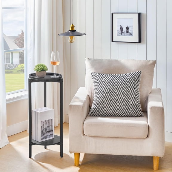 Small Round Side Table, Coffee Drink Table for Sofa Couch Corner, 28.7" H Slim Round Nightstand, Circle Wooden Accent Pedestal Table for Living Room, Bedroom, Black BB167BZ01