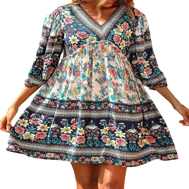 Robe d'Été Décontractée Bohème pour Femmes Style Ethnique Imprimé Floral