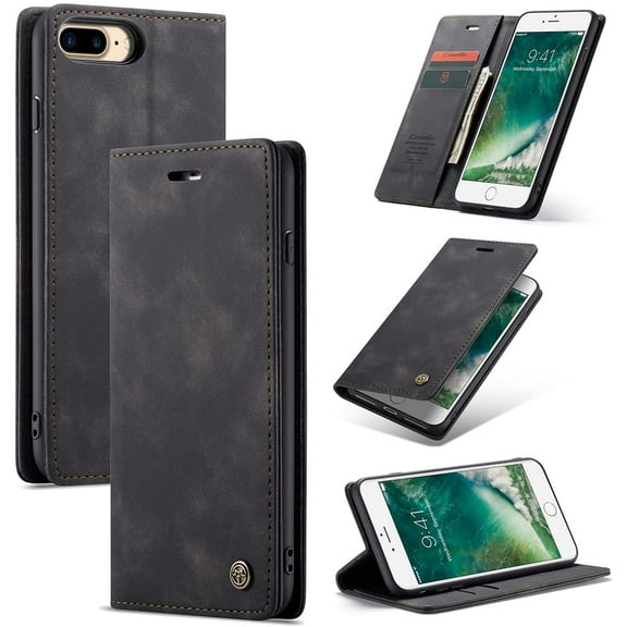 Wallet Case for iPhone 7 Plus iPhone 8 Plus, Premium PU Leather Case Vintage Matte Wallet Flip Cover [Card Slots] [Magnetic Closure] Stand Function Folio Shockproof Full Protection - Black