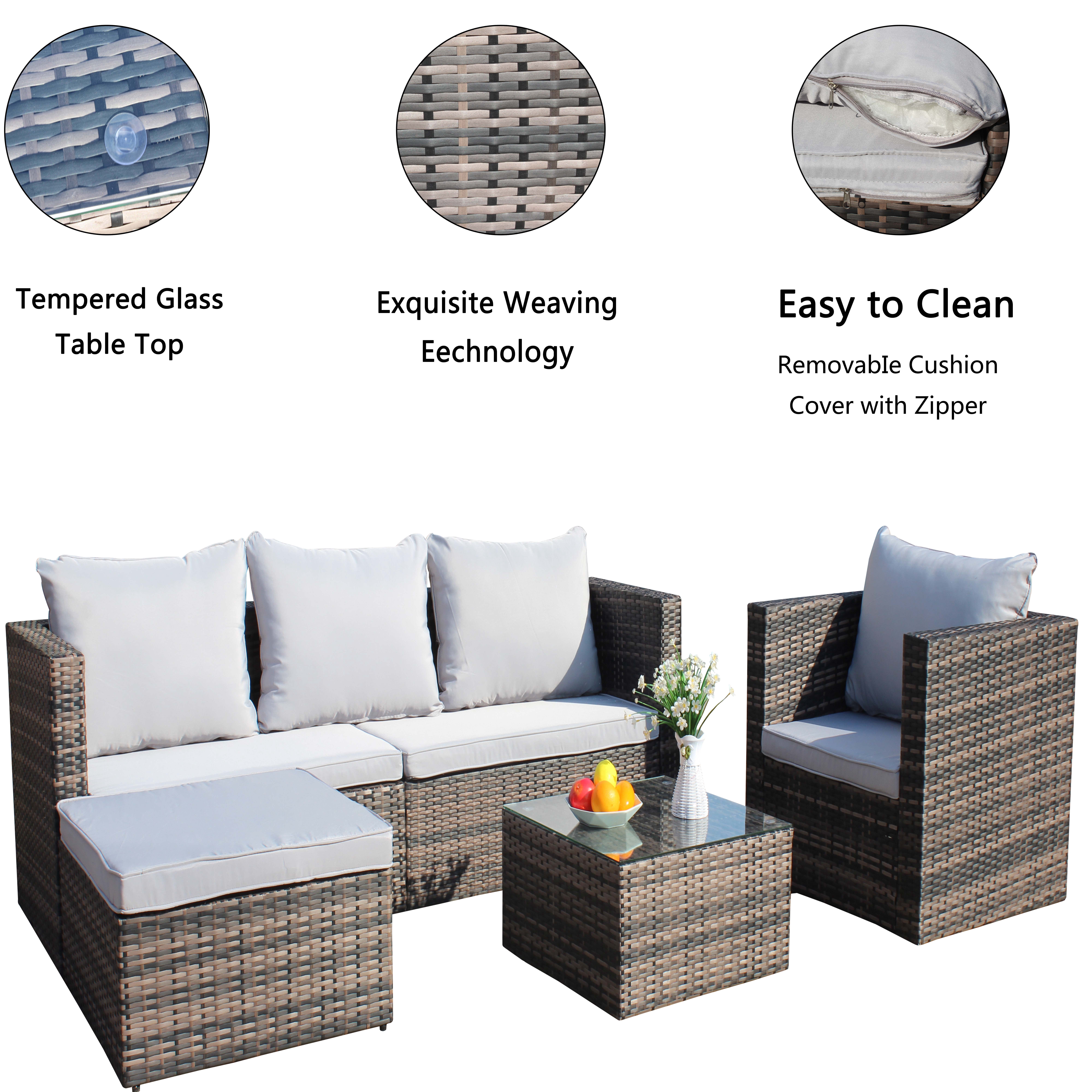 Rattan Patio Sofa Set, 4 Pieces Outdoor Sectional Furniture Set, All-Weather PE Rattan Wicker Patio Conversation Set, Cushioned Sofa Set with Glass Table for Patio Garden Poolside Deck