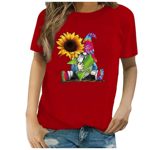 Pompotops T-Shirt à Manches Courtes Imprimé Tournesol pour Femmes