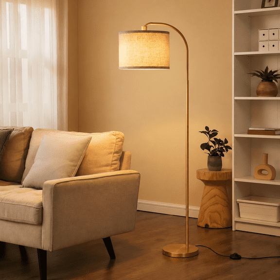 DEWENWILS 63.4-Inch Modern Arc Gold Floor Lamps for Living Room, Metal Standing Lamp with Foot Switch for Bedroom, Office, Decor, Lighting, Adjustable Lampshade
