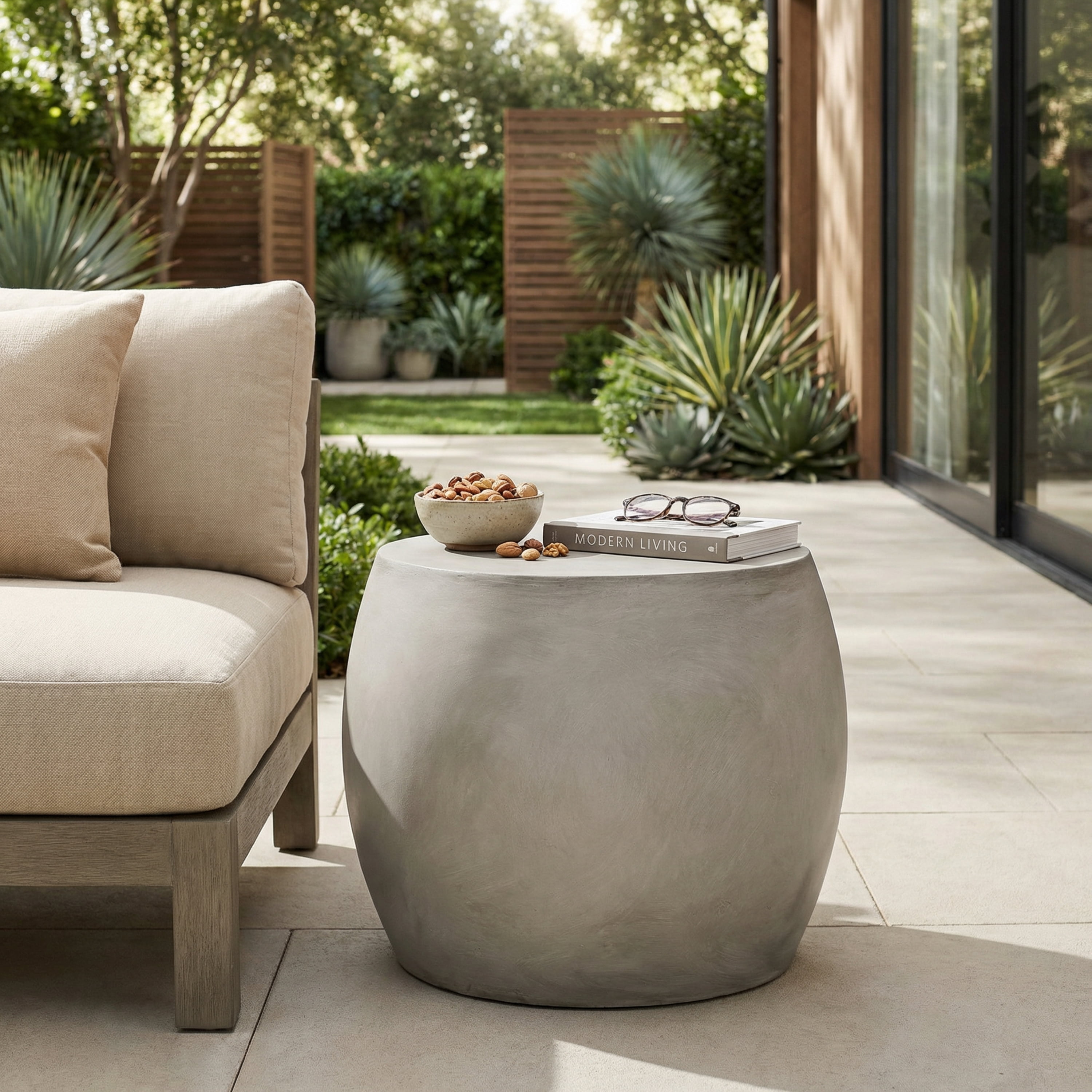 Outdoor Lightweight Concrete Side Table, Light Gray