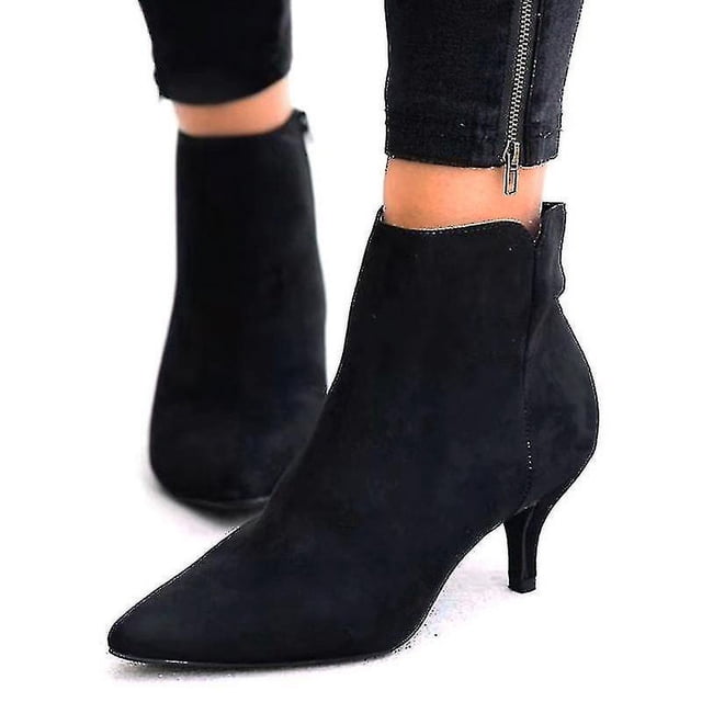 Botas de tobillo de fiesta para mujer Tacones de gatito medios bajos Zapatos de botines puntiagudos (negro)