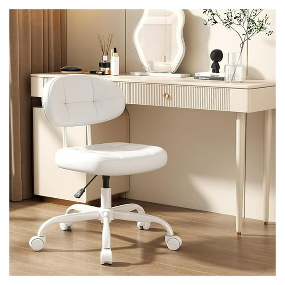 NBBNHH Vanity Chair with Wheels, Small Desk Chair with Lumbar Support, Comfy PU Leather Office Chair, Adjustable Height, 360° Swivel, White