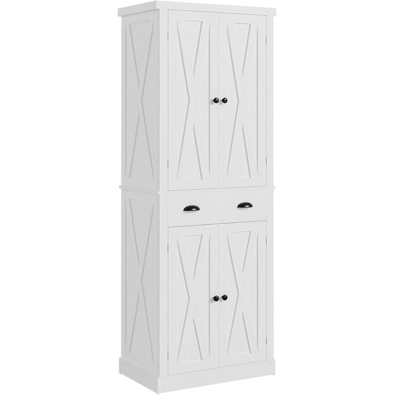 Kitchen Pantry Storage Cabinet 72.6" H x 24" W, with Barn Doors, Drawer, 4 Adjustable Shelves, Freestanding Cupboard, Laundry, White
