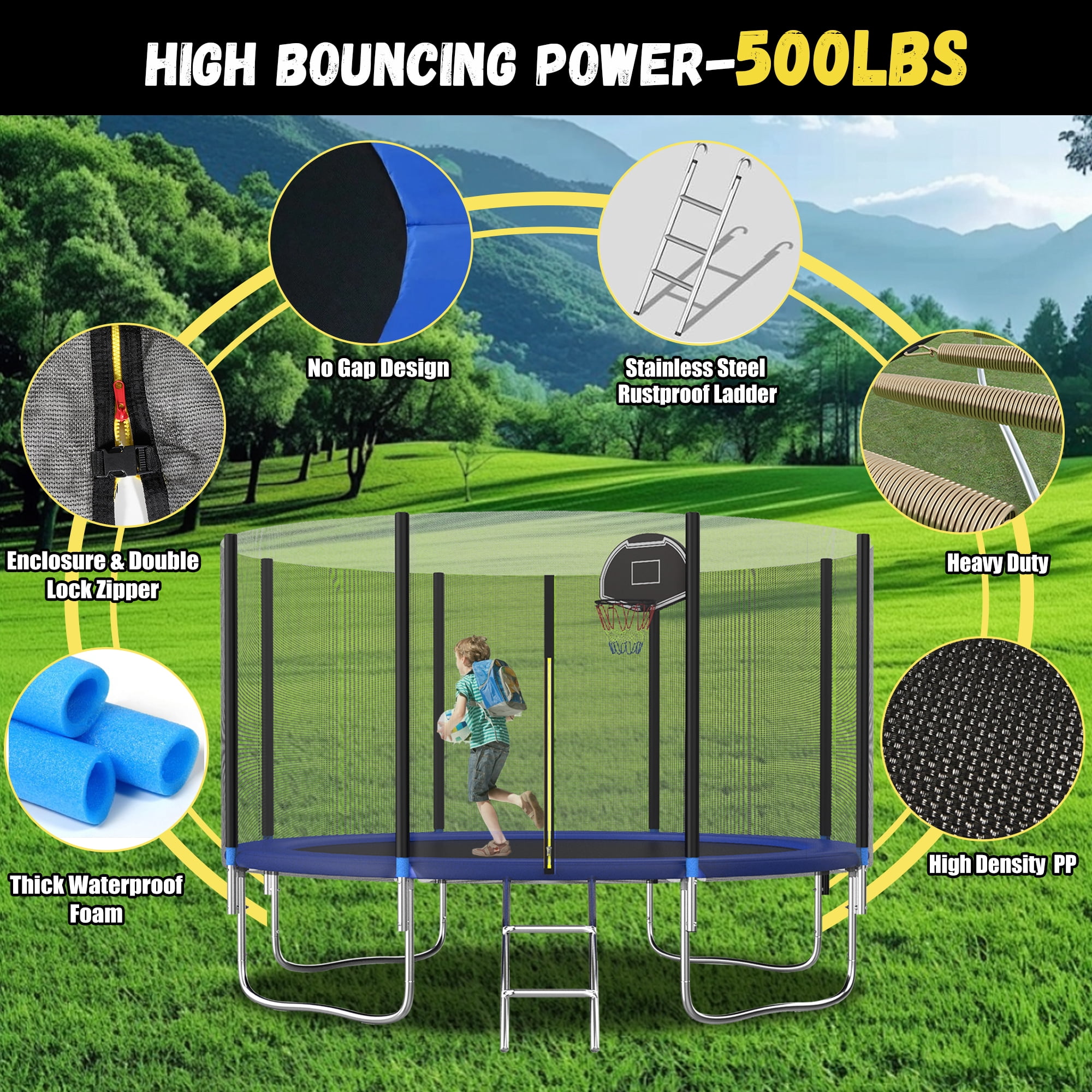 Shengchao Trade 12FT Trampoline with Safety Enclosure Net, ASTM Approval, and Basketball Hoop