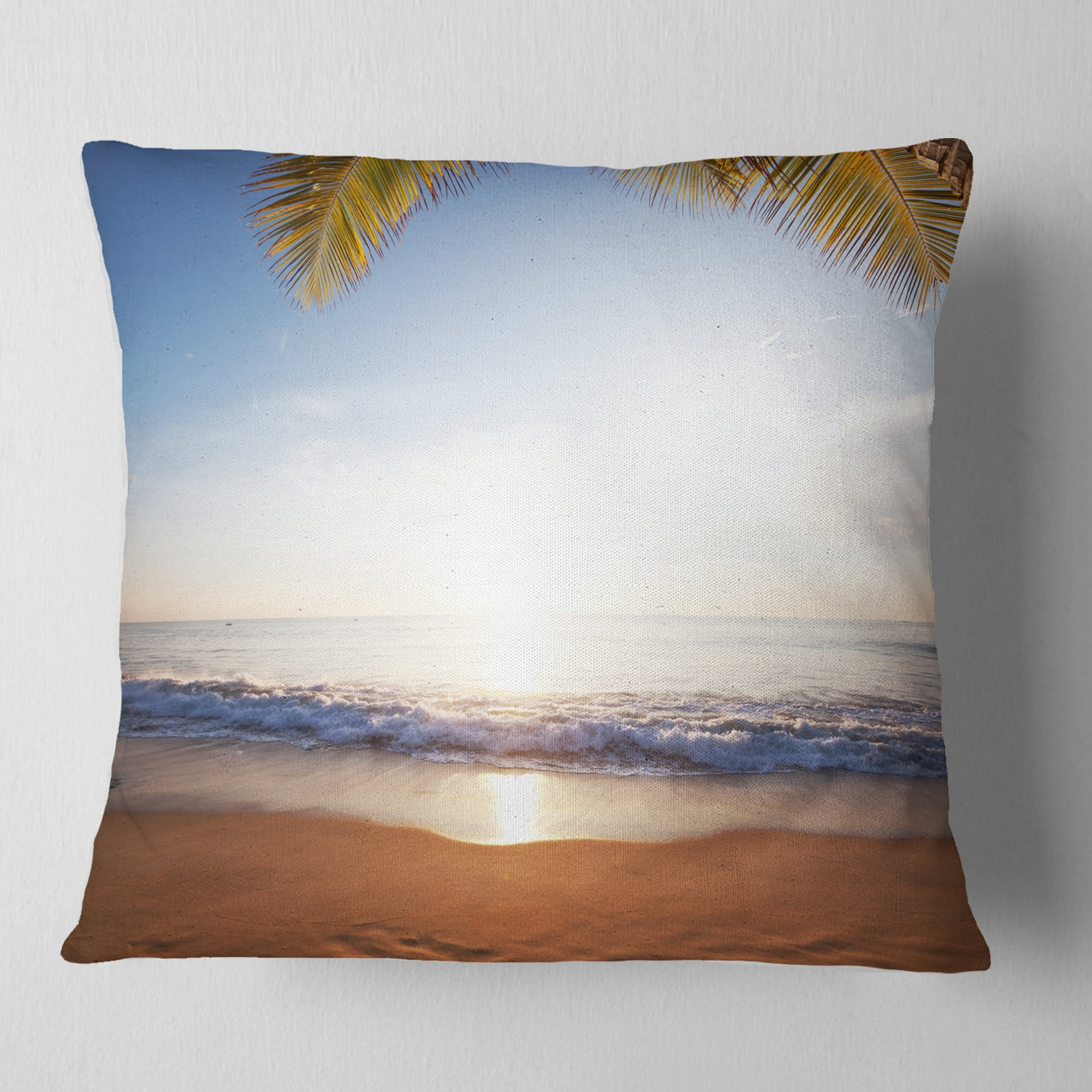Designart Deserted Beach with Palm Leaves - Seashore Throw Pillow - 16x16
