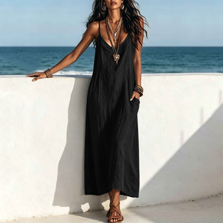 bohemian tank dress Ovbmpzd Maxi Summer Beach Dresses for Women And Women´S Plus Flowy Linen Boho Black Sleeveless V-Neck Dresses With Pockets,M Made in USA50 Built Pride Cinq A Sept Women's Chest Triangular Mesh:No