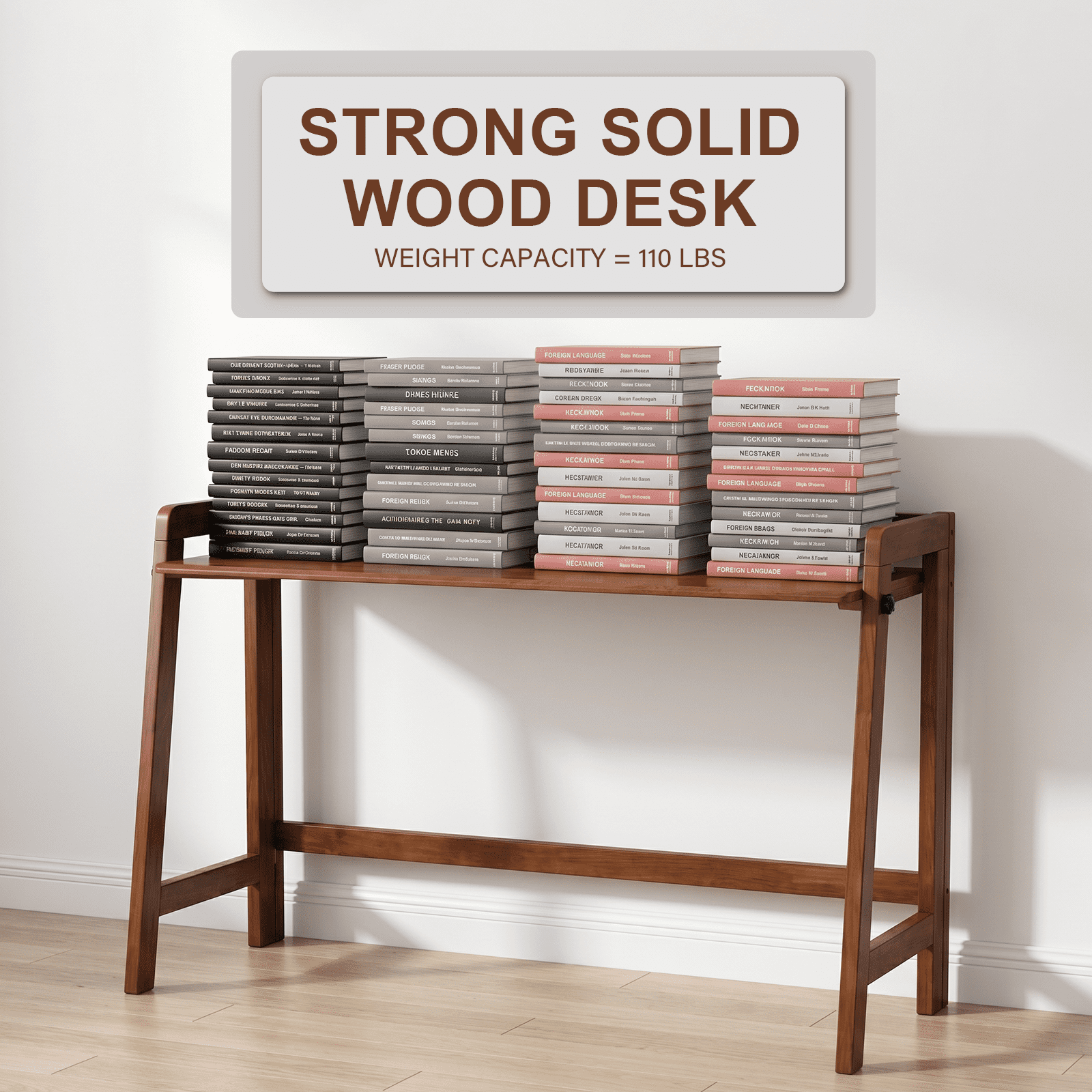 49-Inch Folding Solid Wood Desk with Cable Grooves, Mid-Century Modern Foldable Computer Desk and Writing Table for Home Office, Walnut