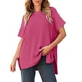 thumbnail image 2 of Pounoo Short Sleeve Tees for Women Crew Neck Ribbed Knit Tee Oversized Side Slit Top Relaxed Fit Casual Loose Outfits Gift, 2 of 7