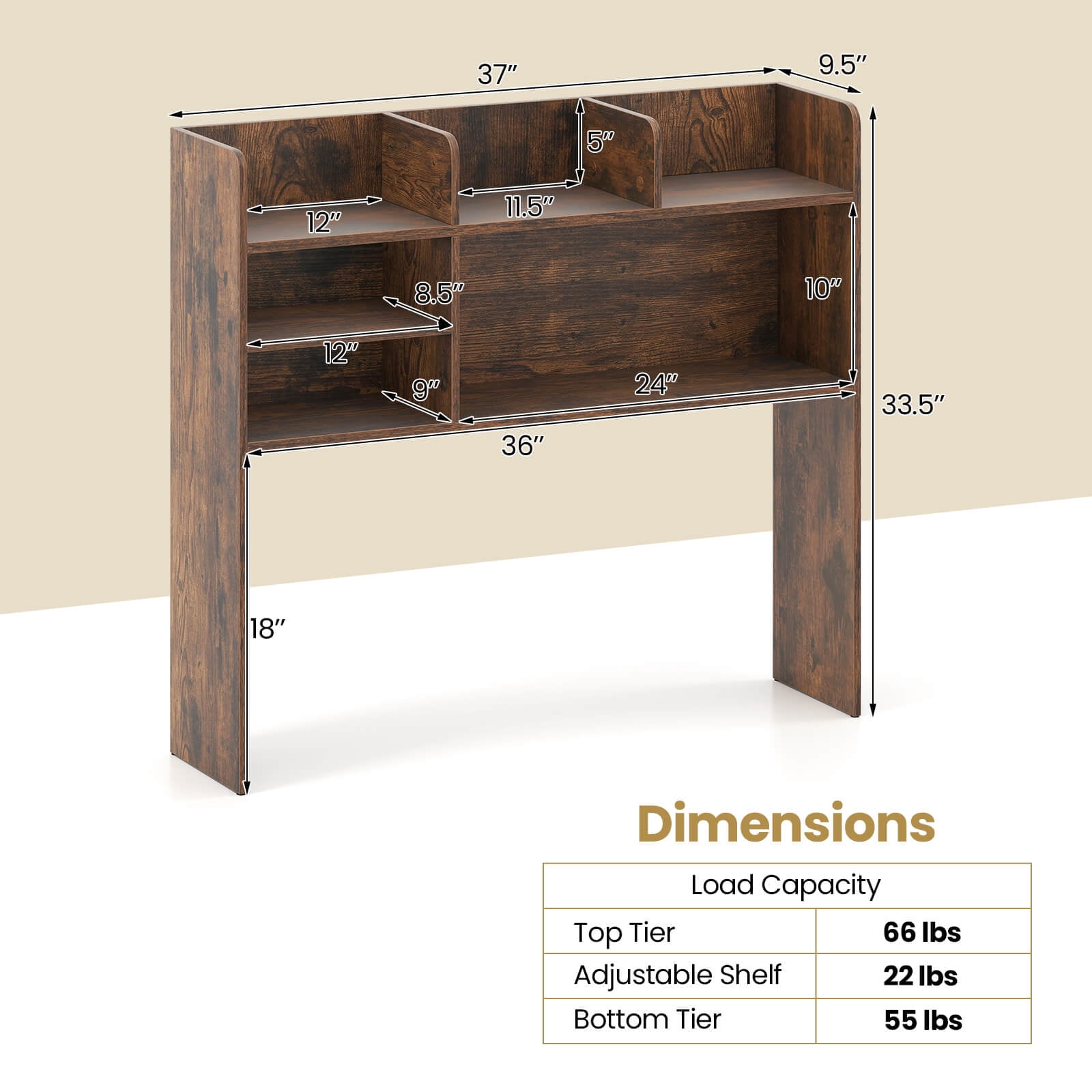 Costway 3-Tier Desktop Bookshelf with 6 Shelves Desk Organizer for Computer Desk Rustic Brown