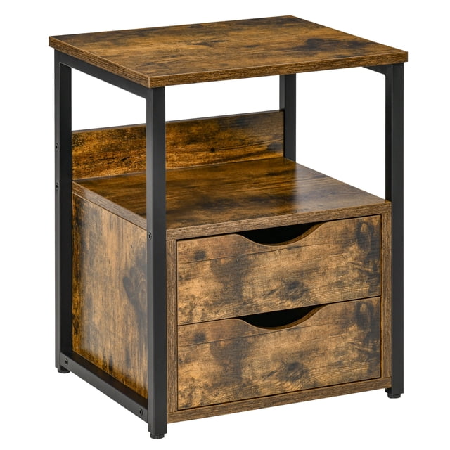 HOMCOM Table de Chevet avec 2 Tiroirs, Table d'Appoint Industrielle avec Tablette de Rangement, Table d'Extrémité d'Accent pour Chambre, Salon, Brun Rustique